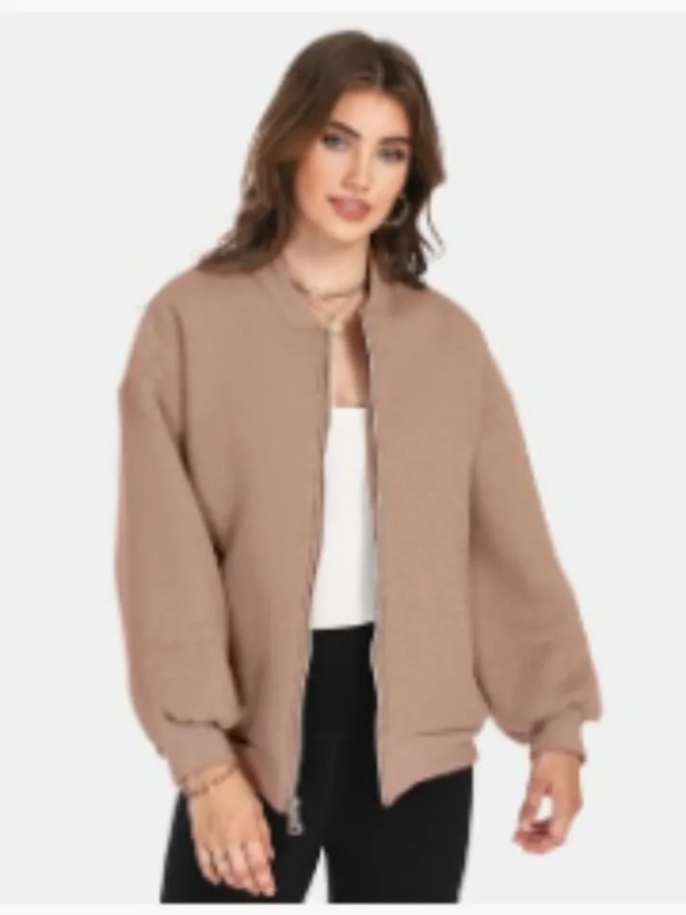 Oversized Zip Up Fleece Bomber Jacket with Lantern Sleeves - Picture 3 of 6